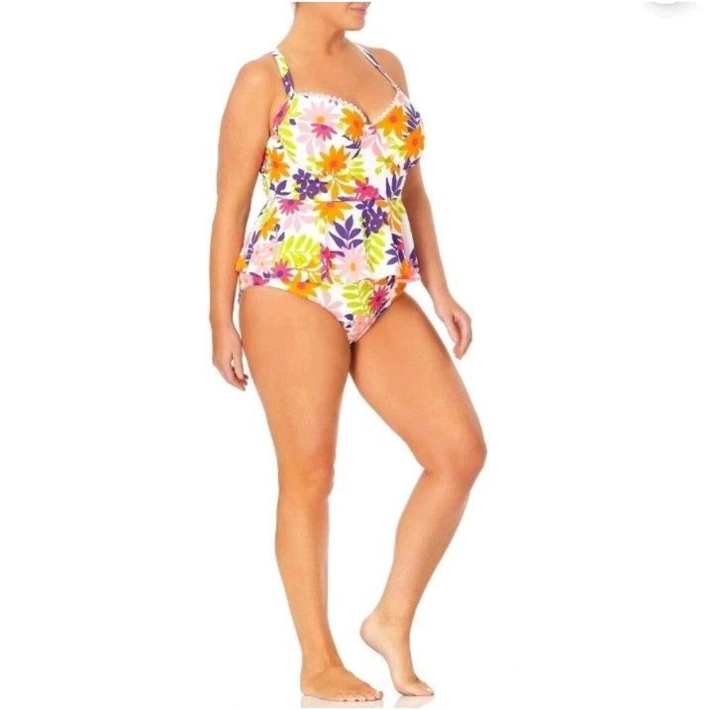 Women's Plus Size 2X Floral Tankini Swimsuit TOP ONLY Molded Cup Underwire White